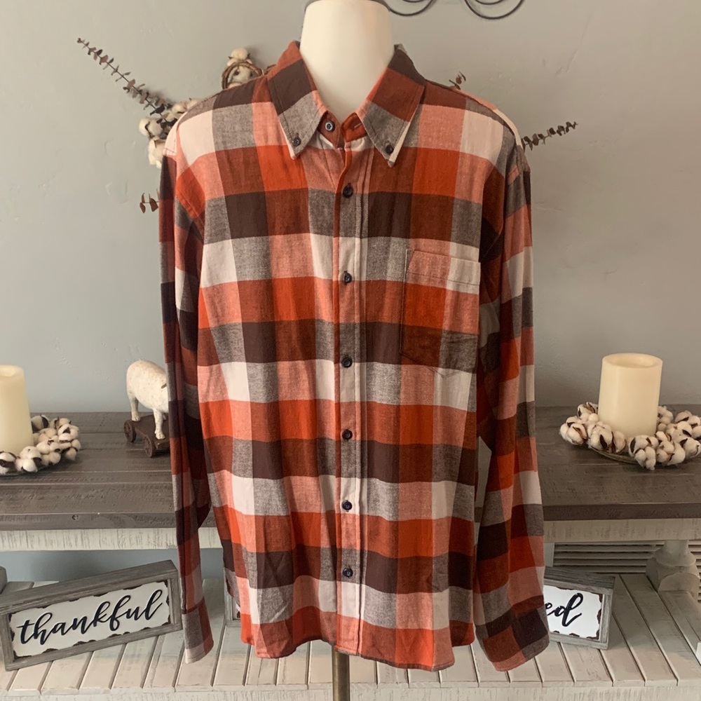 Field & Stream Men's Plaid Shirt - Brown, Orange, and White